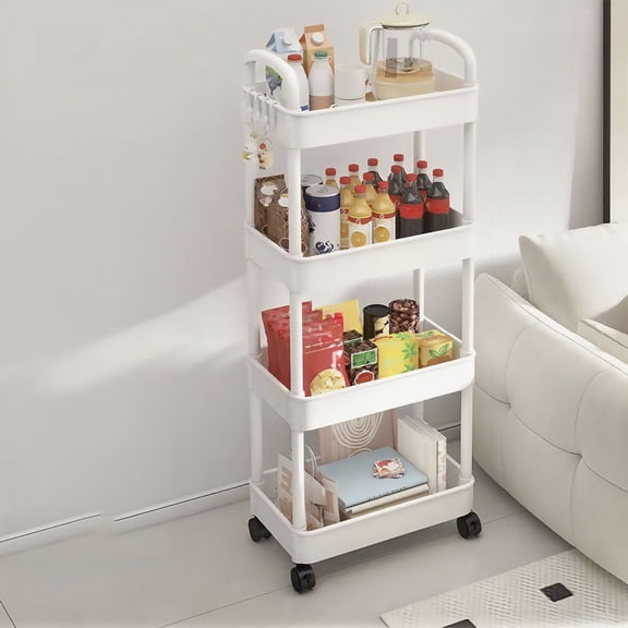 Btomtd Multi-Tier Black Kitchen Cart with Armrests, Mobile Storage Rack for Bathroom Toiletries, Multifunctional Organizer Cart Shelf for Home 14"W x 9"D x 38"H, 4-Tier, White