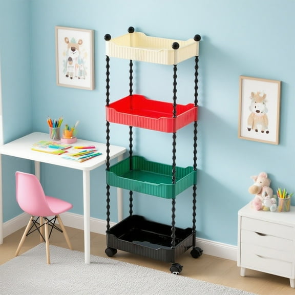 Btomtd Multi-Tier Multifunctional Rolling Cart with Wheels, Mobile Storage Rack for Living Room and Kitchen, Home Organizer Shelf for Snacks and Items 13"W x 9"D x 35"H, 4-Tier, Multicolor