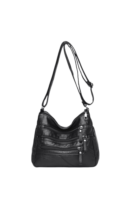 Multi-Zip Casual Shoulder Bag for Women, Soft Washed Leather Large Capacity Carryall Handbag, Spacious Crossbody Bag for Shopping Travel and Daily Work, Black