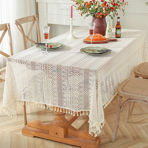 Btomtd Pastoral Crochet Lace Tablecloth, Woven Hollow Table Cover with Tassel for Dining and Living Room Decor, Holiday Gift Table Mat and Home Decoration, 59"x59", L
