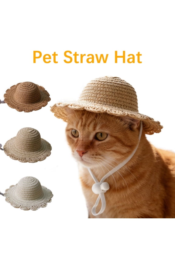 Pet Straw Sun Hat for Cats & Small Dogs, Adjustable Wide Brim Summer Beach Hat, Sun Protection Pet Accessory for Outdoor Photos, Beige