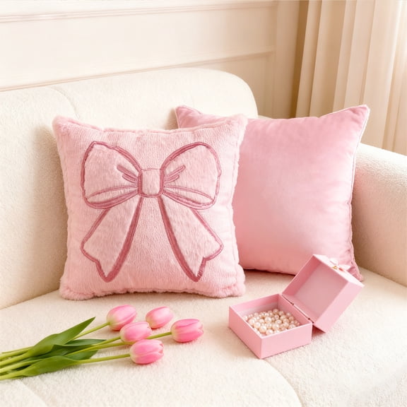 Btomtd Pink Bow 18 x 18 Pillow Covers for Valentines Day, Holiday Decorative Bow Pillowcases, Throw Pillow Cases with Bow for Home Decor, Size 18" x 18", Pink