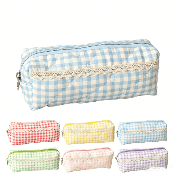 Btomtd Plaid Lace Trim Fabric Pencil Pouch, Multi-Purpose Pencil Bag for Cosmetics Accessories, Home Travel Storage Organizer Pencil Case, Blue