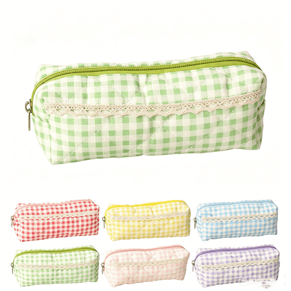 Btomtd Plaid Lace Trim Fabric Pencil Pouch, Multi-Purpose Pencil Bag for Cosmetics Accessories, Home Travel Storage Organizer Pencil Case, Green