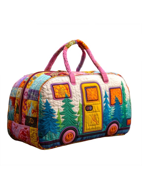 Printed Patchwork Travel Tote Bag, Travel Shoulder Bag for Weekend Trips, Large Capacity Colorful Handbag, F