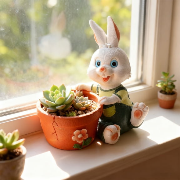 Btomtd Rabbit Resin Flower Pot, Festive Ornament Plant Pots for Plants, Easter Decorative Crafts Planter to Create Holiday Atmospheres, Green