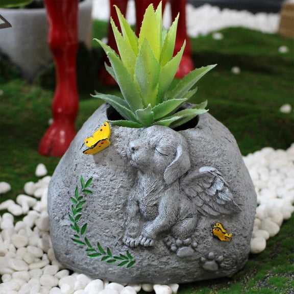 Btomtd Resin Memorial Planter for Pet Dog Monument, Simulation Stone Plant Pots and Garden Decor, Creative Remembrance Flower Pot, A