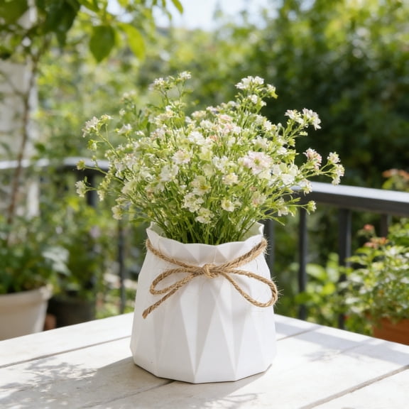 Btomtd Rope Wrapped Plastic Vase, Decorative Flower Pot with Faux Ceramic Look, 3.3"D x 3.3"W x 3.9"H, Modern Centerpiece for Living Room or Office (White)