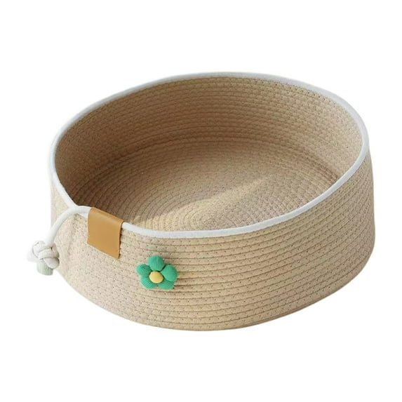 Btomtd Round Cotton Rope Cat Bed Basket, Woven Warm Sleeping Bed for Medium Pets, Cute Scratching Pad for Indoor Play, Eco Washable Dog Bed for Small Dogs and Cats, Khaki