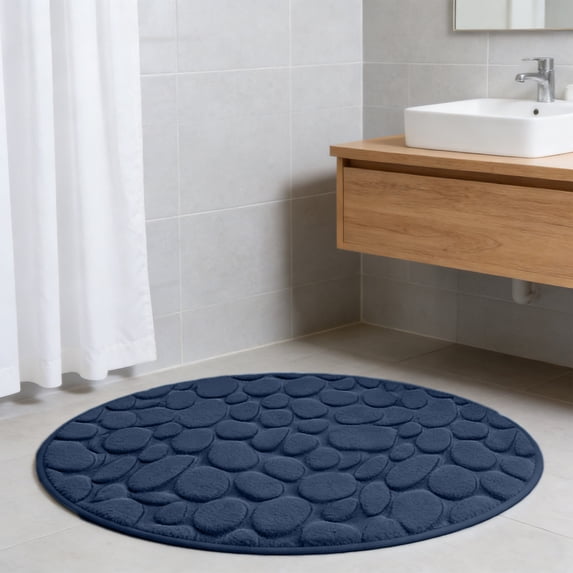 Btomtd Round Memory Foam Bath Mat with Cobblestone Look, Super Absorbent Bathroom Rugs, Machine Washable Door Mat for Shower, 31.5 x 31.5 Inches, Blue