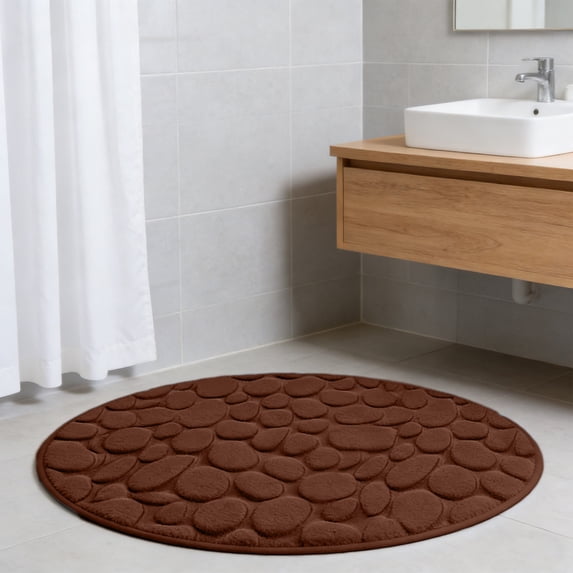 Btomtd Round Memory Foam Bath Mat with Cobblestone Look, Super Absorbent Bathroom Rugs, Machine Washable Door Mat for Shower, 31.5 x 31.5 Inches, Brown