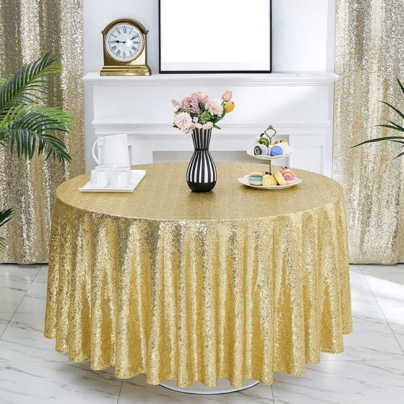 Btomtd Round Sequin Tablecloth for Parties Decoration, Glitter Fabric Table Cloth for Small Tables, Sparkling Table Cover for Birthday and Christmas, 39"x39", Gold