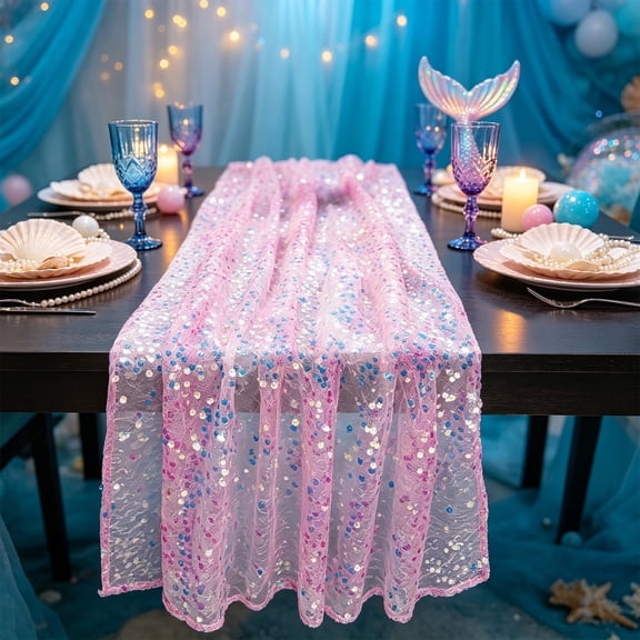 Btomtd Sequin Table Runner, 12 x 71 Inch Sheer Glitter Mesh Table Runner, Sparkly Decor for Birthday Wedding Fall Winter Holiday Party, Pink