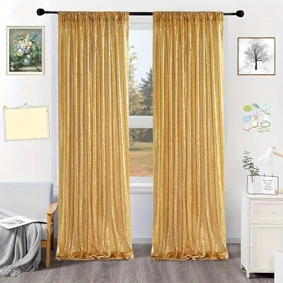 Btomtd Sequined Rod Curtains for Parties, 24 x 96 Inches Long, 1 Panel, Solid Color Holiday and Wedding Decorations, Sparkly Backdrop Curtains and Drapes, Gold
