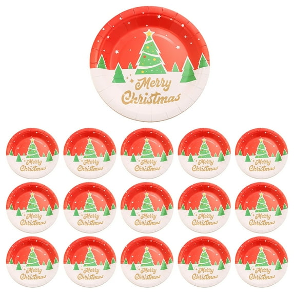 Btomtd Set of 16 Christmas Paper Plates 9" Featuring Santa Claus Pattern, Disposable Plates for Party Decor and Cutlery Sets, Red and White Themed Dinner Paper Playes, E