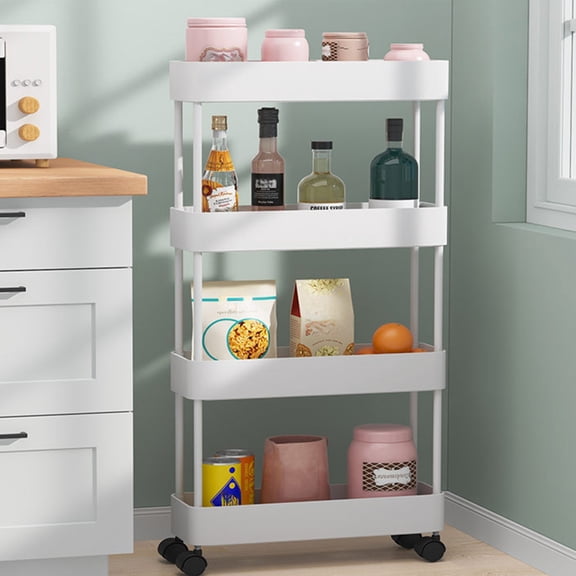 Btomtd Slim Rolling Storage Rack Cart with 4-Tier for Narrow Spaces, Mobile Shelving Unit Organizer for Bathroom and Laundry Room, 16"D x 5.3"W x 34.2"H (White)