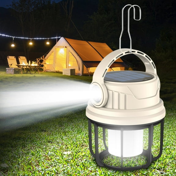 Btomtd Solar Camping Lights with Long Endurance, Rechargeable LED Hanging Lantern for Outdoor Tent Lighting, Portable Lamp, Beige