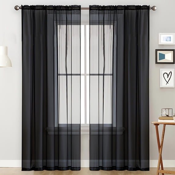 Btomtd Solid Color Semi-Sheer Blackout Curtains, 52 x 84 Inches Long, 1 Panel, Double-String Polyester Sheer Drapes, Rod-Pocket Style Window Curtains for Living Room, Black