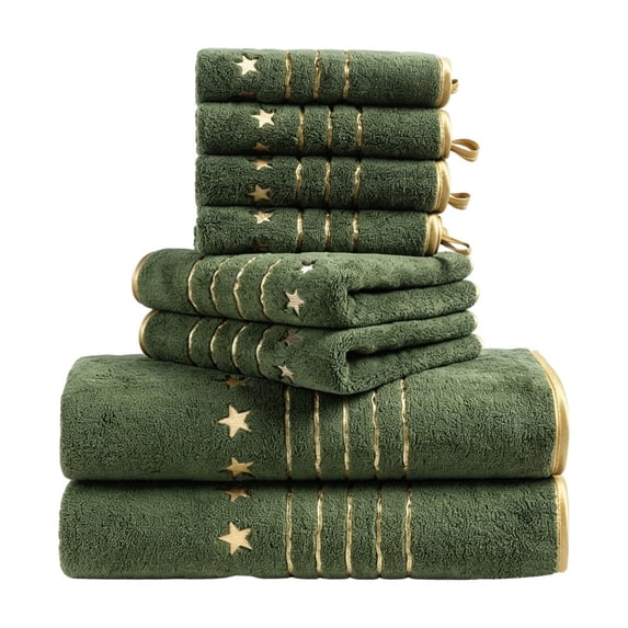 Btomtd Star Embroidered Bath Towels Set, Set of 8, 2 Bath Towels & 2 Hand Towels & 4 Square Towels, Soft & Absorbent, Army Green