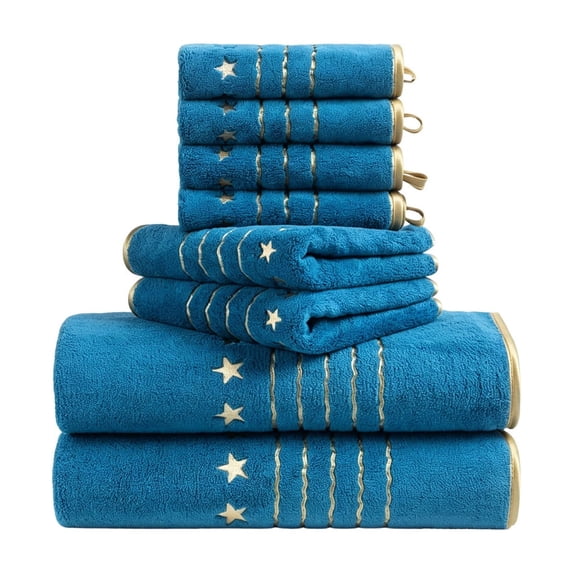 Btomtd Star Embroidered Bath Towels Set, Set of 8, 2 Bath Towels & 2 Hand Towels & 4 Square Towels, Soft & Absorbent, Blue