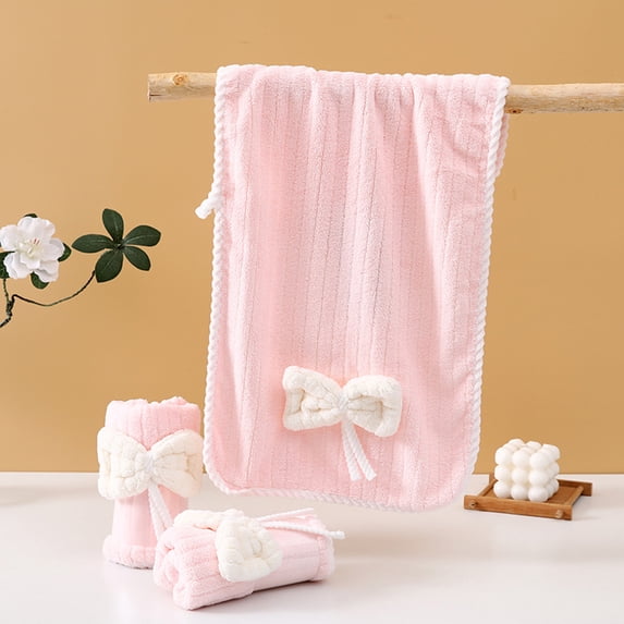 Btomtd Striped Corals Fleece Towels with Bow, Soft and Absorbent Bath Towels, Face Washcloth and Hair Drying Towel for Home, 1-Pack, Size 24" x 12", Pink