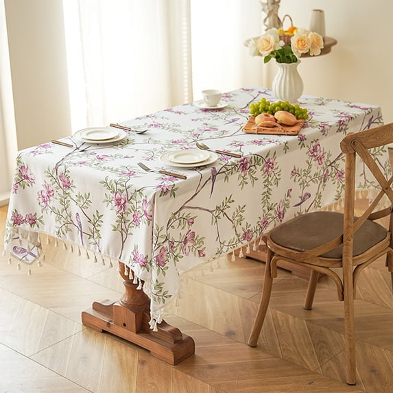 Btomtd Tablecloth with Tassel Floral & Birds Print, Faux Linen Polyester, Stain Resistant Rectangular Dining Cover Table Cloth, 53" x 39", Purple