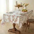 thumbnail image 1 of Btomtd Tablecloth with Tassel Floral & Birds Print, Faux Linen Polyester, Stain Resistant Rectangular Dining Cover Table Cloth, 53" x 39", Red, 1 of 6