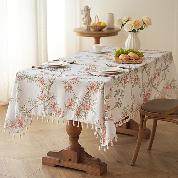 Btomtd Tablecloth with Tassel Floral & Birds Print, Faux Linen Polyester, Stain Resistant Rectangular Dining Cover Table Cloth, 53" x 39", Red