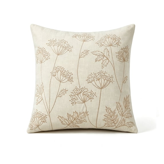 Btomtd Throw Pillow Covers 18 x 18 Inch Wildflower Embroidery, Linen Dill Flower Cushion Cases, Farmhouse Decorative Couch Pillow Covers, Beige