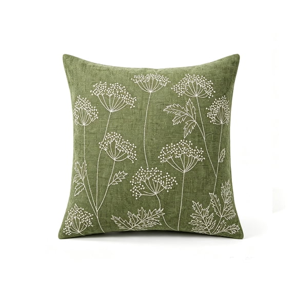 Btomtd Throw Pillow Covers 18 x 18 Inch Wildflower Embroidery, Linen Dill Flower Cushion Cases, Farmhouse Decorative Couch Pillow Covers, Green