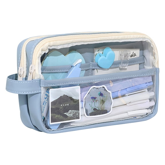 Btomtd Two-Compartment Mesh Pencil Case for Students Large Capacity Pencil Pouch Pencil Bag with Zipper Stationery Storage Organizer, Blue