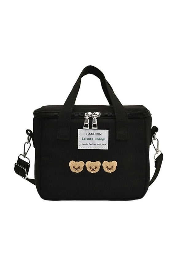 Versatile Insulated Shoulder Bag for Mommy, Casual Large Capacity Tote Crossbody Bag with Multiple Pockets, Travel Organizer Purse and Handbag with Cute Bear, Black