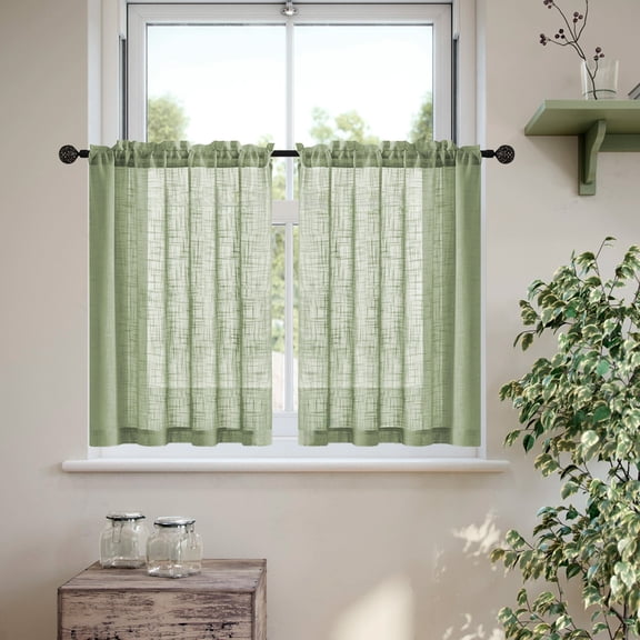 Btomtd Vintage Linen Yarn Curtains, 25 x 31 Inches Long, 2 Panels, Semi-Transparent Window Short Curtains, Bathroom and Kitchen Partition Valances, Green