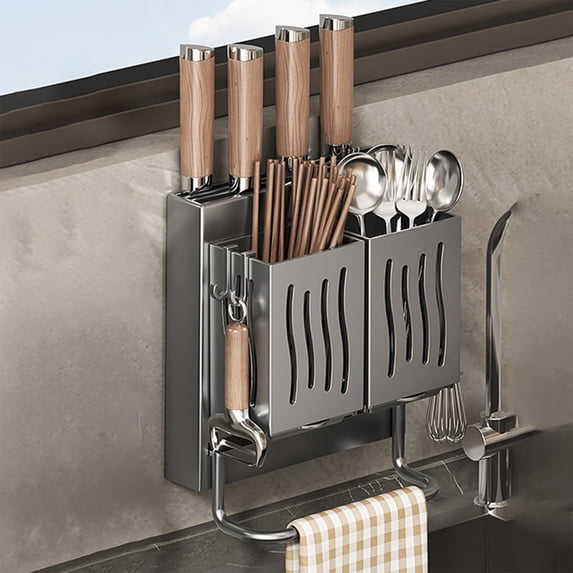 Btomtd Wall Mounted Cutlery Rack and Utensil Organizer, Household Storage Box with Draining Hooks, Multifunctional Kitchen Organizer Shelf 7"W x 4"D x 10"H, Gray