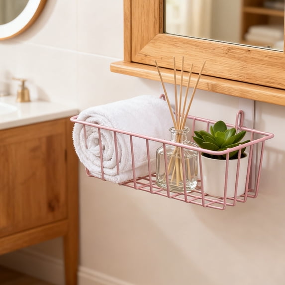 Btomtd Wall Mounted Metal Storage Basket, Multipurpose Kitchen Seasoning Rack and Shower Toiletries Shelf, Organizer for Sundries and Small Accessories 9"W x 4"D x 3"H, Pink