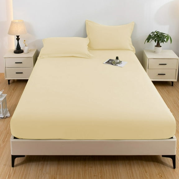 Btomtd Washed Solid Color 3Piece Fitted Sheet Mattress Pad Protector Ash Proof Bed Sheet Soft Queen Comforter Set Overall Bedding Set with Bed Sheet 2 Pillowcases, 78.74'x70.86', Yellow-S