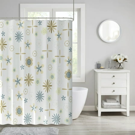 Btomtd Waterproof Plastic Shower Curtain with Fish and Blue Flower Pattern, Decorative Shower Curtain Liner with Hooks for Bathroom, Shower Curtains for Room Decor - 31.49"x70.86", White