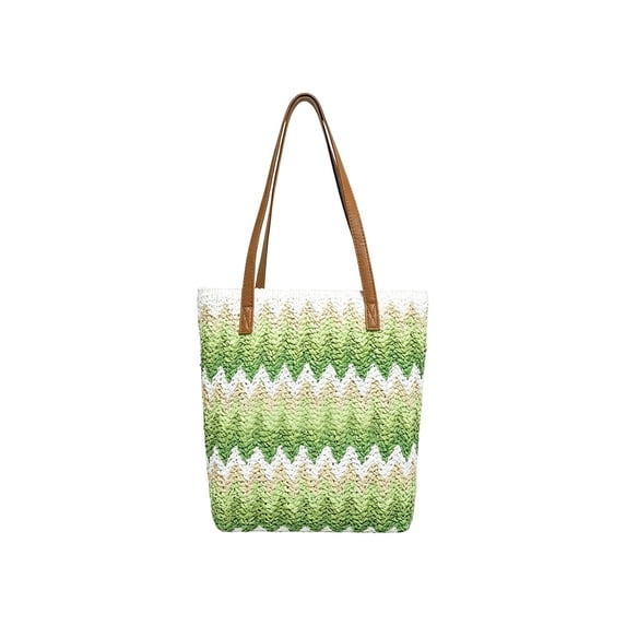 Btomtd Wavy Striped Straw Tote Bag, Versatile Handwoven Shoulder Bag for Outdoor Vacation Trips, Beach Bag Purse for Women, Green