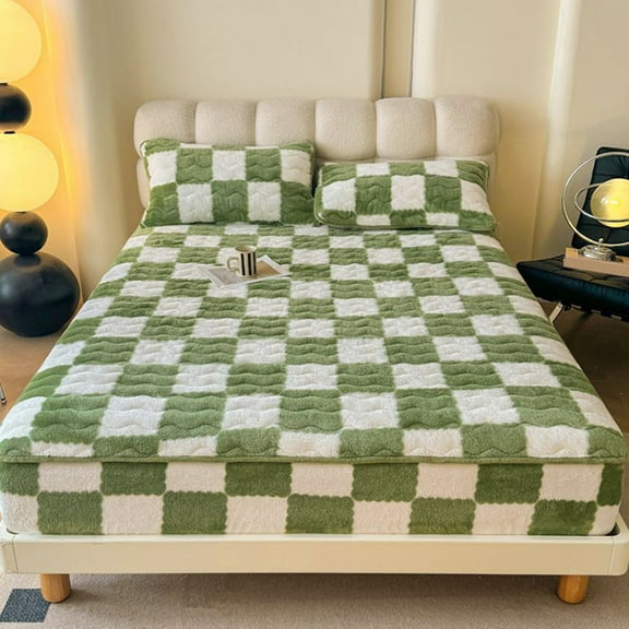 Btomtd Winter Warm Fitted Sheets Quilted Mattress Protective Cover Breathable Non-Slip Bed Sheets Soft Queen Sheets, 35.43'x78.74', Green