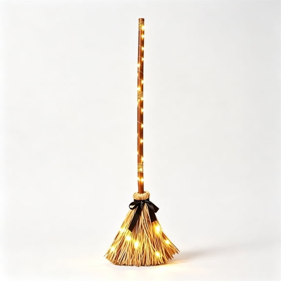 Btomtd Witch Broomstick with String LED Lights, 37.4 Inch Moving Broom with Eerie Witch Laugh Sounds, Indoor Outdoor Halloween Decorations, Khaki