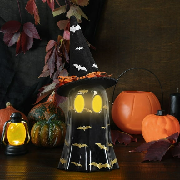 Btomtd Witch Hat Ghost Night Light Figurine Halloween Decorative Light with LED Glow for Spooky Room Decor Tabletop Display Piece, Black