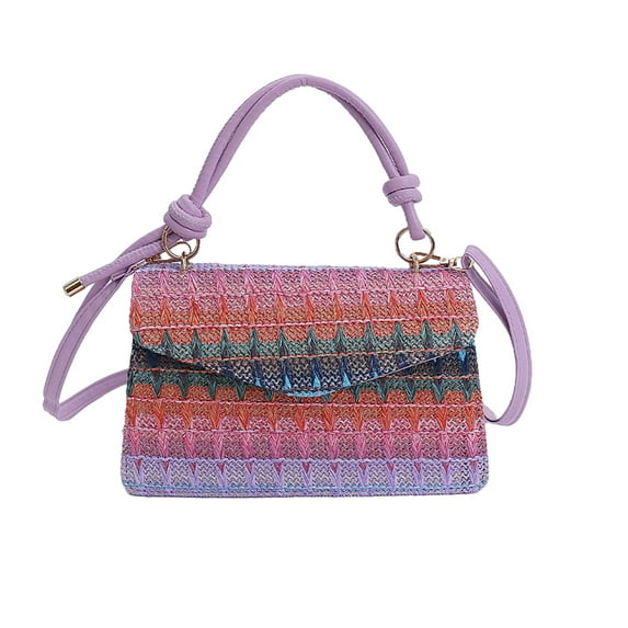 Btomtd Women's Mini Straw Woven Casual Handbag, Contrast Color Striped Shoulder Bag, Foreign Style Crossbody Purse for Summer Outings, Purple