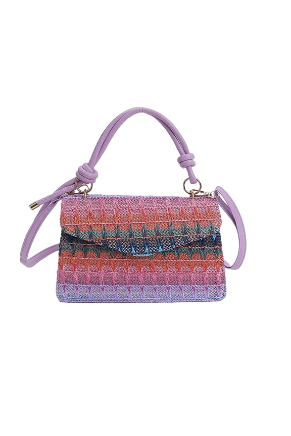 Women's Mini Straw Woven Casual Handbag, Contrast Color Striped Shoulder Bag, Foreign Style Crossbody Purse for Summer Outings, Purple