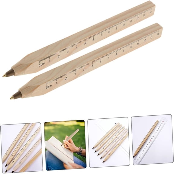 Btomtd Wooden Ballpoint Pens 2 Count, Handmade Writing Pens with Ruler Function, Multipurpose Stationery for Journal and Office Use, Beige