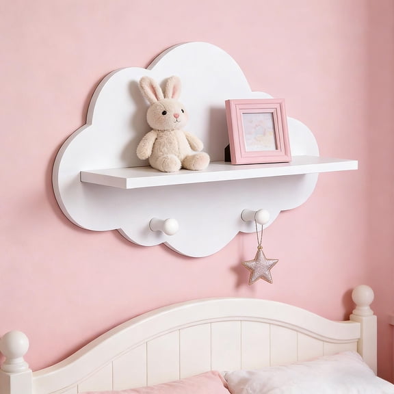 Btomtd Wooden Cloud-Shape Shelf with Wall Mounted, Decorative Storage Rack with Coat Hooks for Doll and Toy Display, 13.7"D x 3"W x 9"H (White)