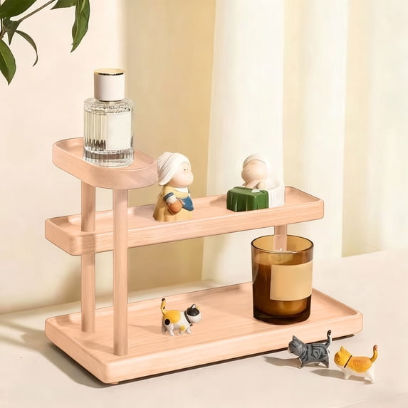 Btomtd Wooden Multi-Tier Display and Storage Rack, Solid Wood Desktop Stand Shelves for Tea Sets and Perfume, Decorative Cup Holder and Organizer Shelf 12"W x 6"D x 9"H, Beige