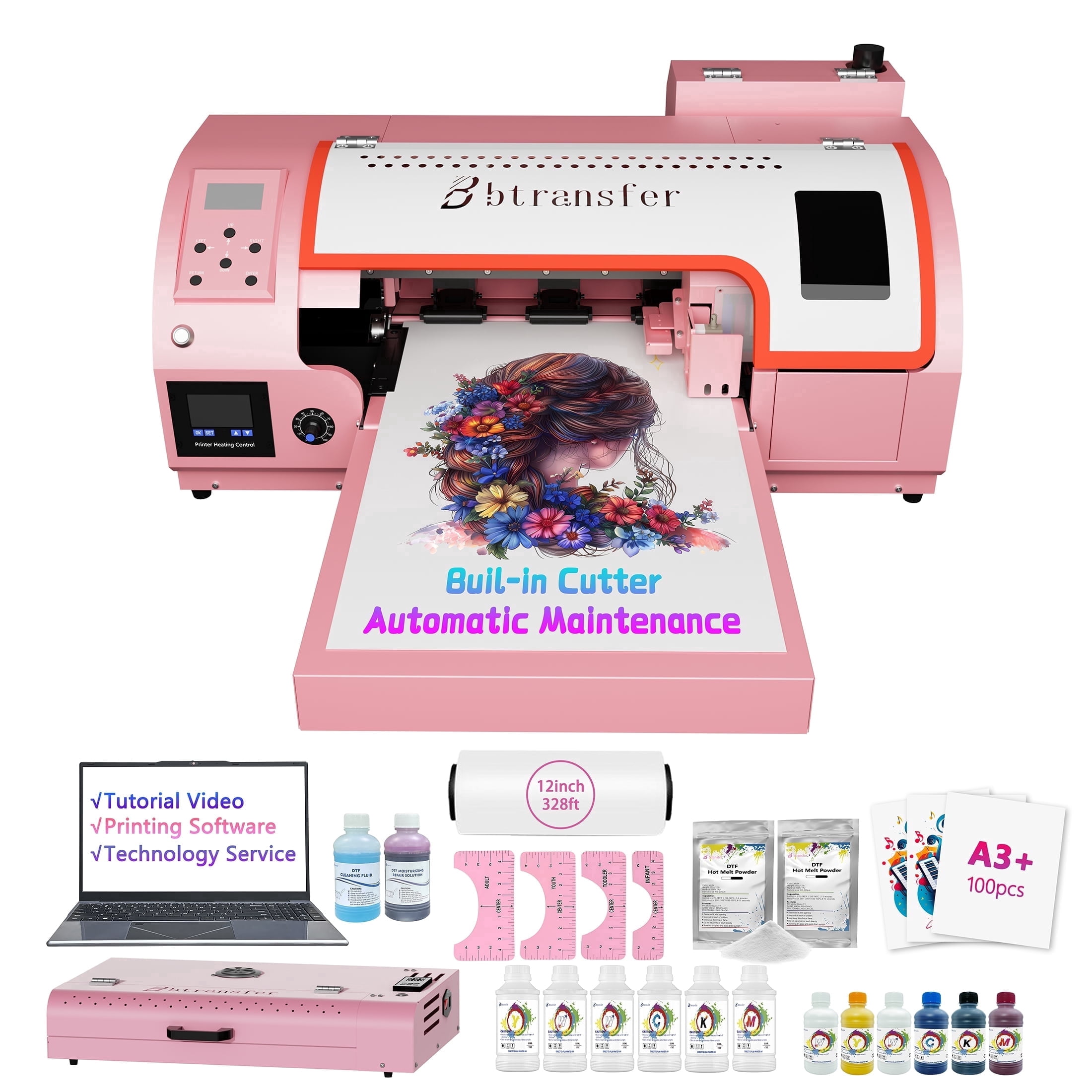 M1630 Pro Pink DTF Printer with Oven Bundle: Auto Maintenance, 2X Faster Printing, Auto Film Cutter, White Ink Circulation & Laptop for T-Shirt Business (Beginner-Friendly)