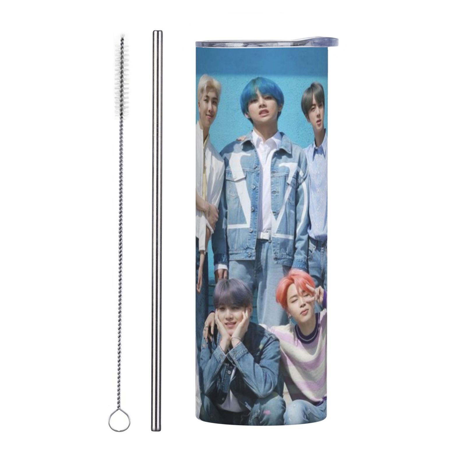 Bts 20oz Straw Cup Stainless Steel Mug Water Bottle Insulated Travel Mug For Cold & Hot Drinks Straw Two-Piece Set