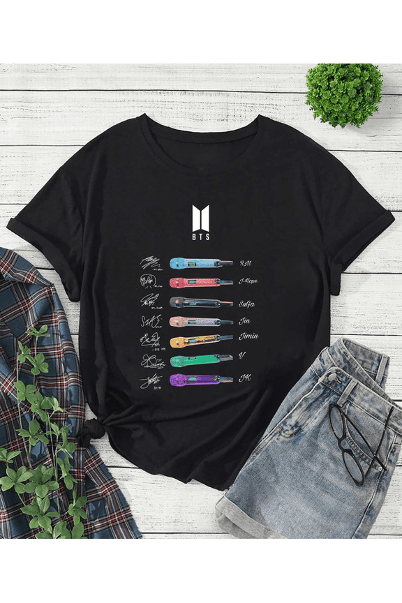 Btts Kpop Graphic T-Shirt, Music Theme Short Sleeve Tee, WE01