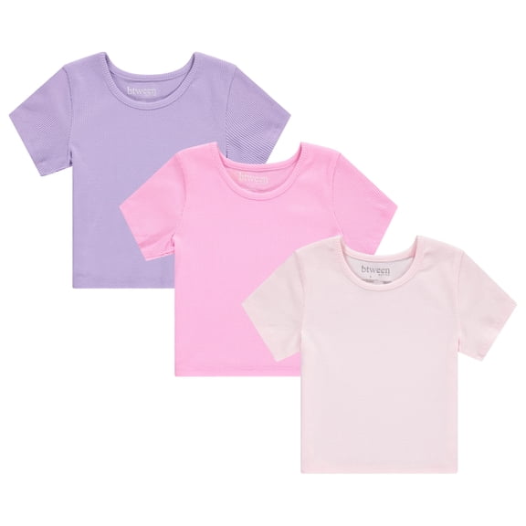 Btween Active Girls T-Shirts 3 Pack – Short Sleeve Ribbed Crewneck Tees, Soft Stretch Casual Everyday Tops for Girls